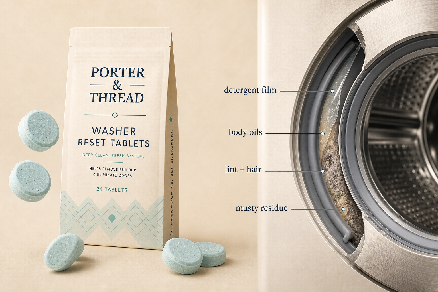 Washer reset tablets dissolving during an empty hot cycle to lift hidden residue