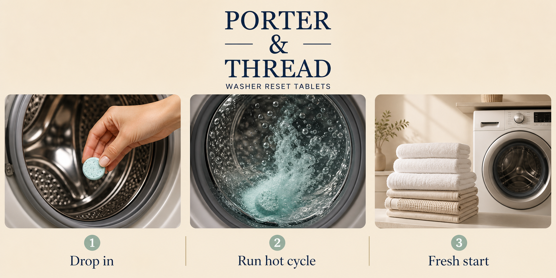 Three steps: drop in tablet, run hot cycle, fresh start