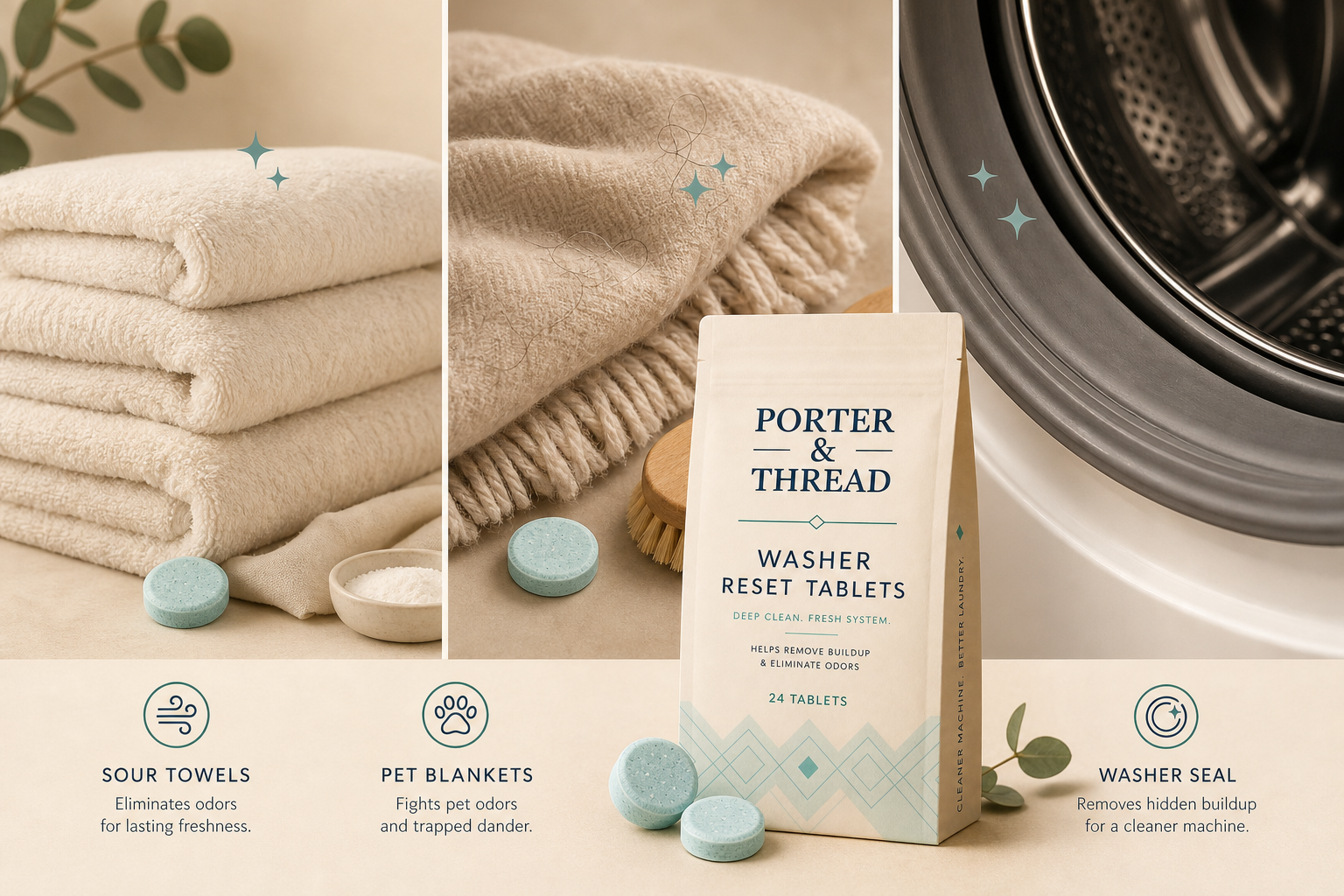 Towels, pet blanket laundry, and washer seal cleaning scenes