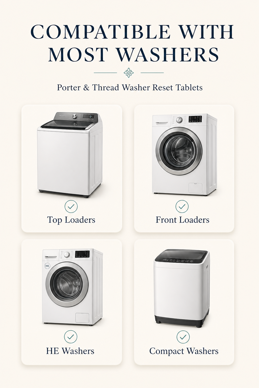 Top loader, front loader, HE, and compact washer compatibility illustration